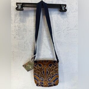 Retro Hippie Boho Paisley Brown Blue Crossbody Handbag Purse Velour Corduroy